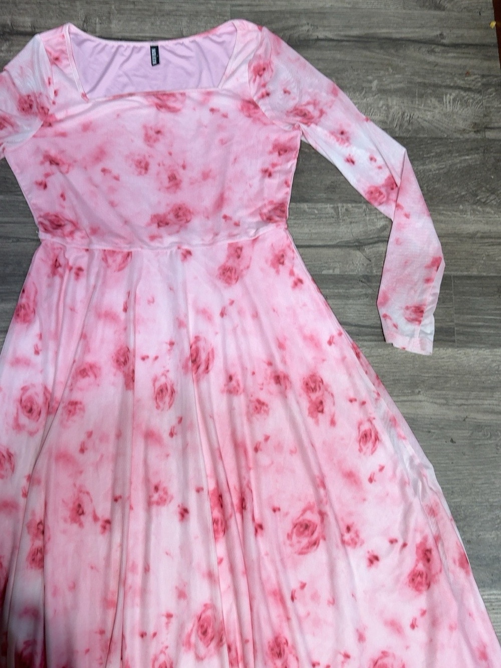 Blush Pink Floral Long-Sleeve Midi Dress with Square Neck Size L - Picture 5 of 10